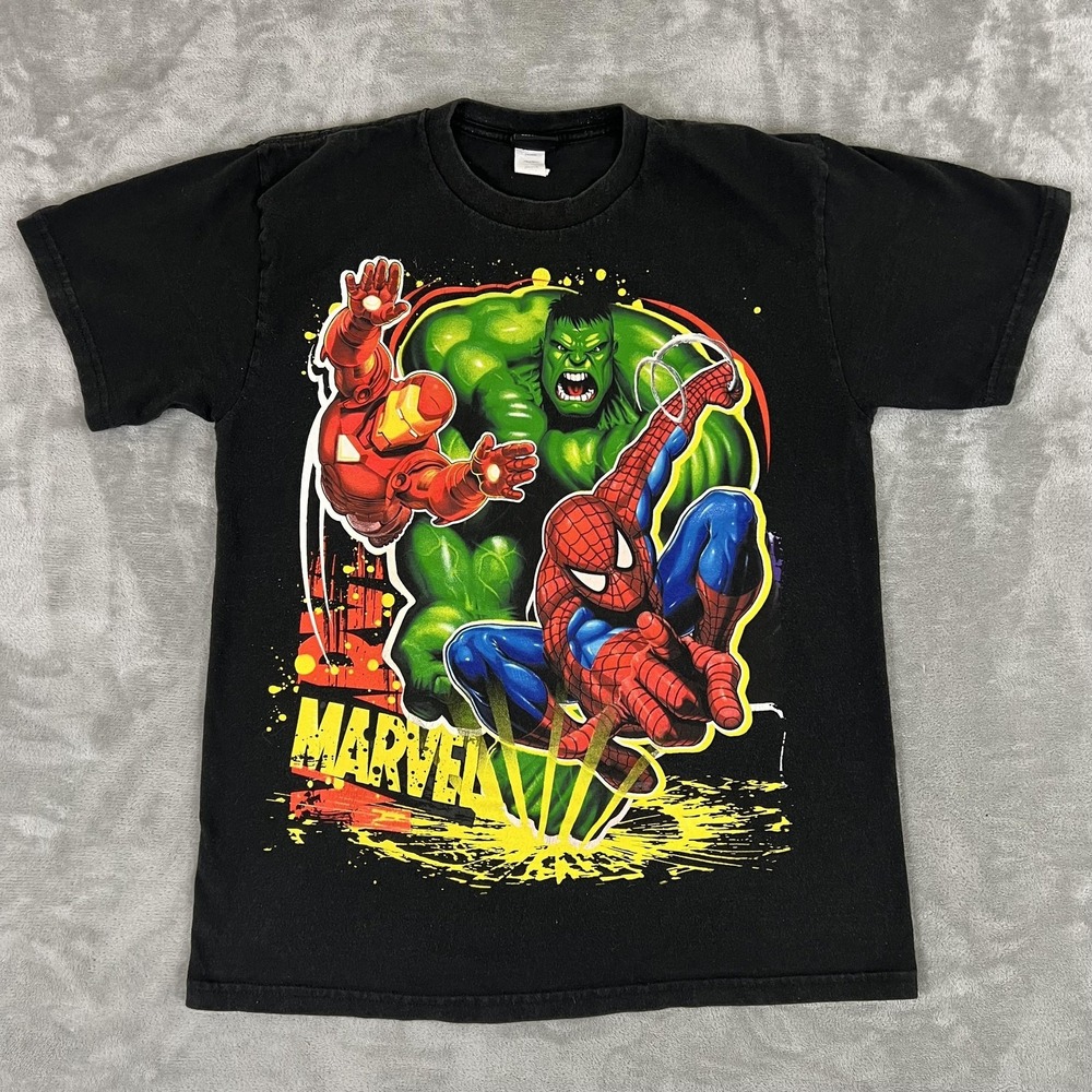 Mad Engine Marvel Shirt Mens XL Black Spider-Man Hulk Iron Man Graphic Tee